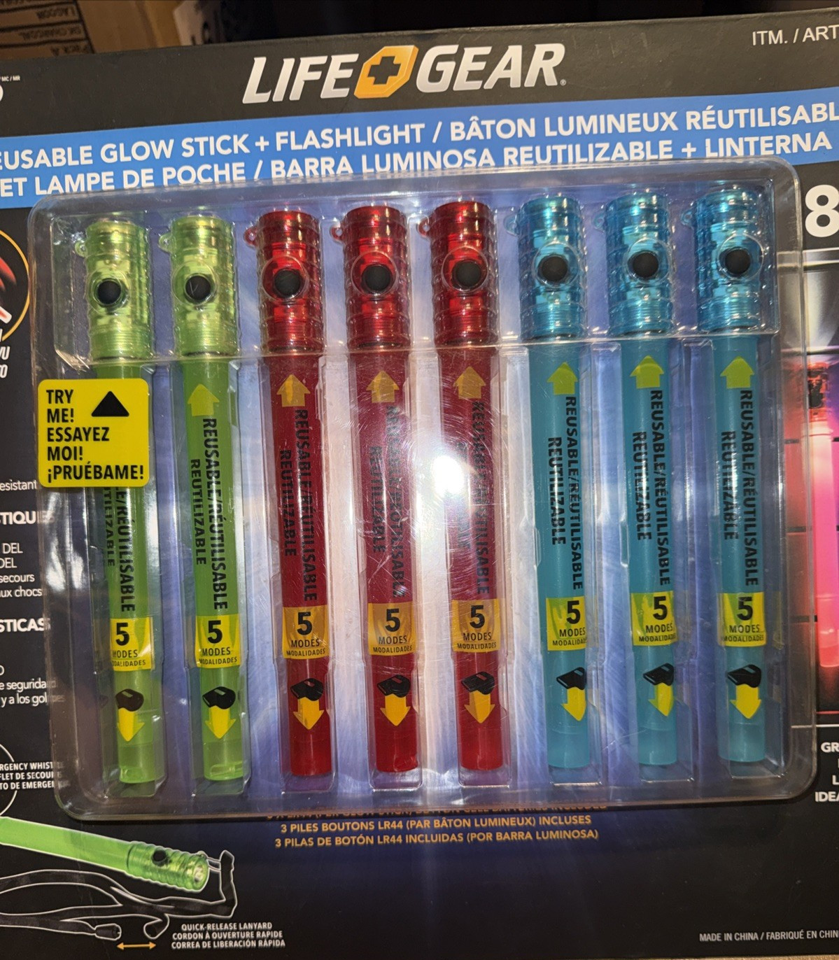 LIFE+GEAR 8pk Reusable LED Glow Stick & LED Flashlight Emergency Whistle Safety