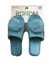 Roxoni Women’s Slippers Memory Foam Blue Pom Poms Open Toe LRG 8.5-9 Slip On NEW