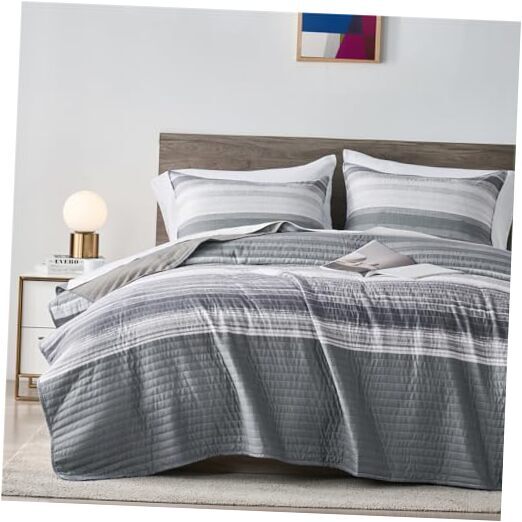 Twin Quilt Bedding Set, White and Grey Patchwork Striped Quilt Set, 2 Pieces
