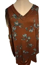 Lovely J Burgundy Blue Floral Boutique Sheer V Neck Plus Curvy M Top Sz 3xl
