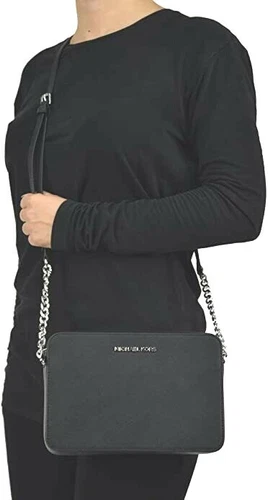Michael Kors Women Leather Crossbody Bag Purse Messenger Handbag Black Silver MK