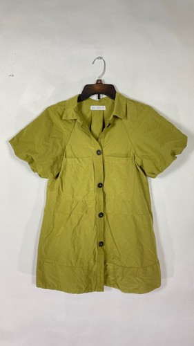 Zara Womens Blouse Top Round Neck Short Sleeve Green Button Up Size 10