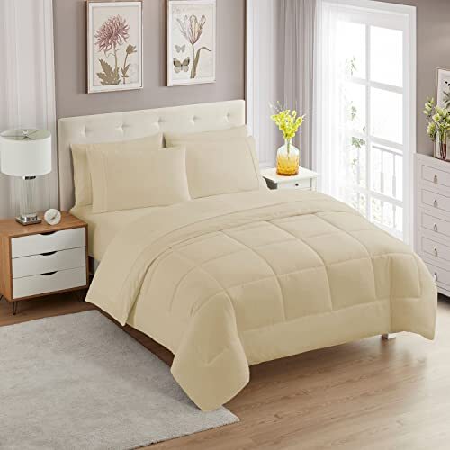 7 Piece Comforter Set Bag Solid Color All Season Soft Down Full 1 Beige