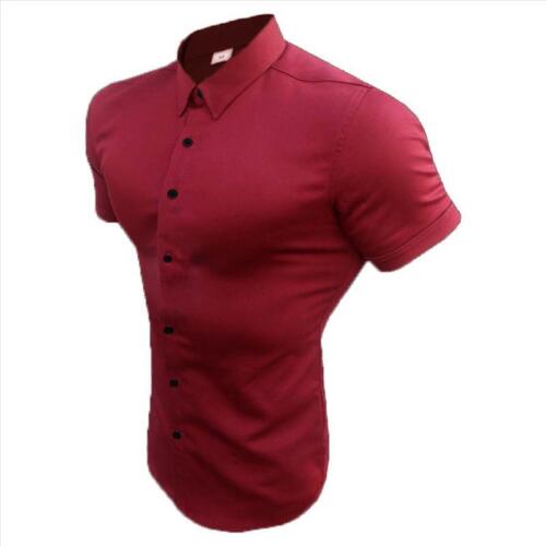 Mens Button Down Short Sleeve Solid Shirts Casual Muscle Slim Fit Tops Tee Shirt - Picture 15 of 19