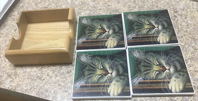 Ceramic Drink Coasters Holder Set 4 Sleeping Kitty Face Adorable Coaster Cork