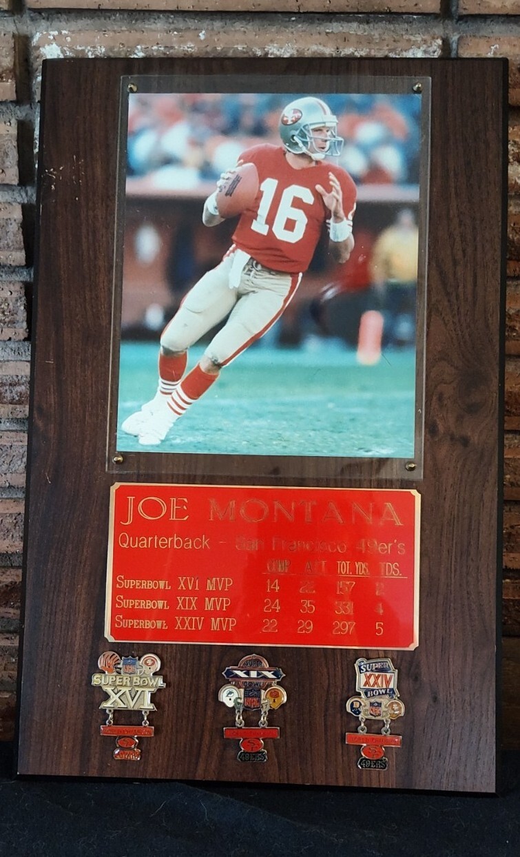 SF 49er Montana Photo w 1st 3 Superbowl Stats & Related Pins. Some Wood Statches