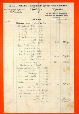 MONTARGIS (45) ETS BILLAULT / ENTREPRENEUR / TIMBRE FISCAL / FACTURE 1920