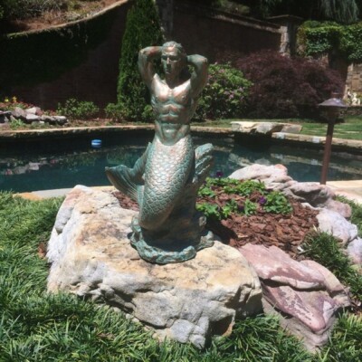 Sexy Merman Mermaid Sitting on Rock Nautical Beach Pool Patio Yard Garden Decor