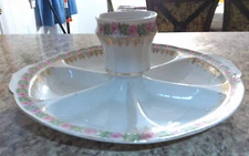 Vintage MVC Six Section Chip and Dip plate. Hand painted Gold and Roses Germany