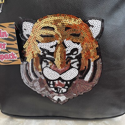Black Faux Leather Gold Silver Sequi Tiger Backpack NEW | eBay display picture 3