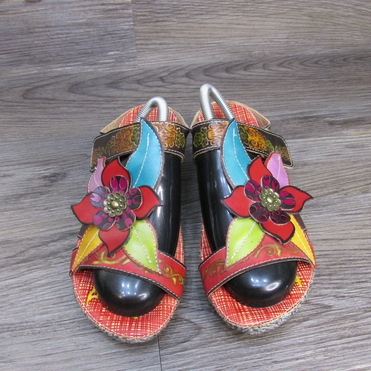 Socofy Women s Floral Cut Out Leather Wedge Sandals Size 8 EU 39