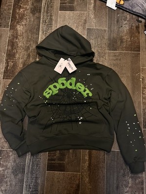 sp5der Gray Green Graphic Print Fleece Pullover Hoodie Men's Medium