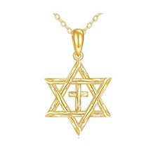 KECHO 14K Solid Gold Star of David Necklace Cross Pendant Real Gold Jewelry G...