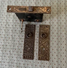 Antique Eastlake Victorian Door Hardware Mortise w/Key and 2 Ornate Backplates