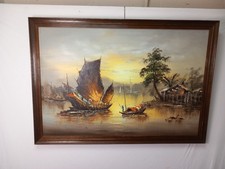 Vintage Oil Painting - Chinese / Oriental Junk Boats Framed Painting 