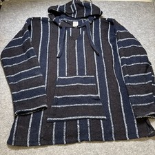 Vintage Mexican Men Baja Hoodie Poncho Drug Rug Purple Blue Striped Pullover XXL
