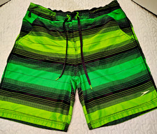 Speedo Mens Board Shorts Swim Trunks Green Black Striped Mesh Lined Size M