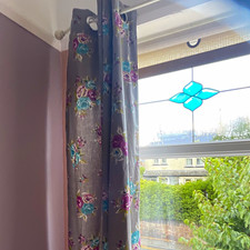 pink Floral Eyelet Curtain Panels, Mounted, Light Filtering, Textured