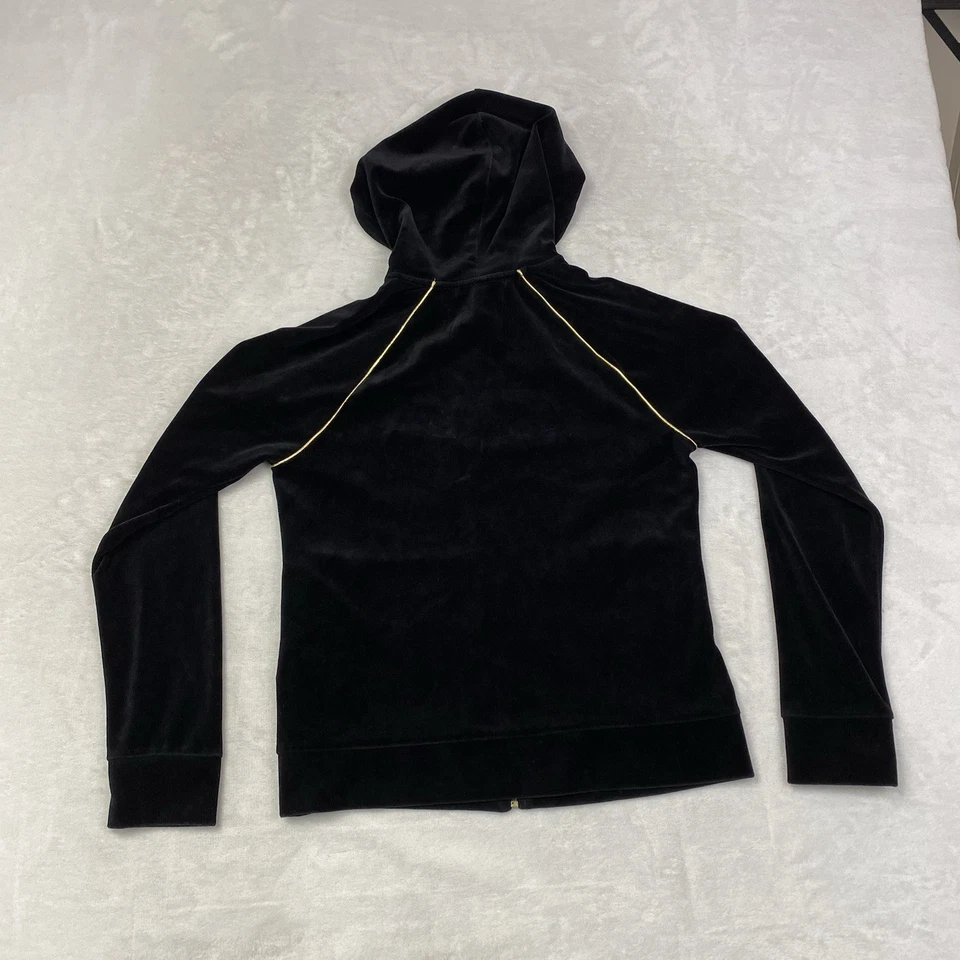 Ralph Lauren Mujer Negro Terciopelo Dorado Ribete Sudadera con Capucha Cremallera Completa Chaqueta de Pista Bolsillos Foto 4 de 4