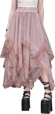 Women s High Waist Mesh Tulle Skirt Layered Asymmetrical Lace Trim Gothic Style