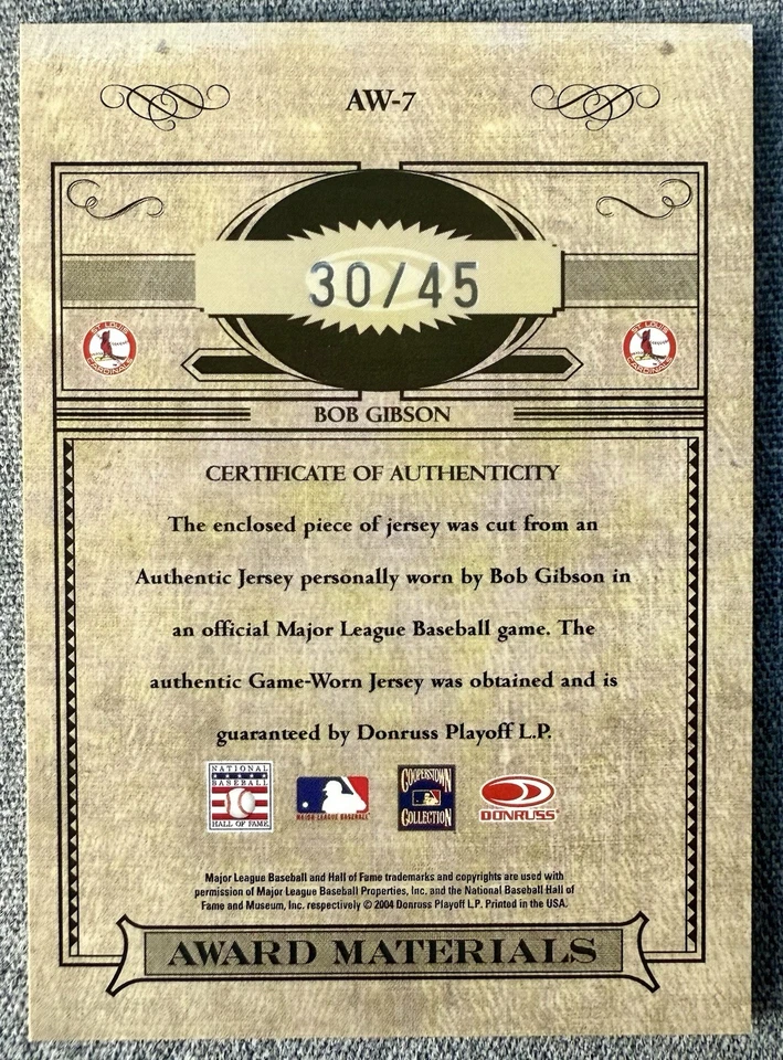 2004 Playoff Timeless Treasures Award Materials AW-8 BOB GIBSON GW Jersey #30/45 - Image 2 of 3
