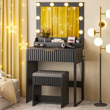 Flutted Makeup Vanity Table 8 LED Lights, Dressing Desk with Charging Station