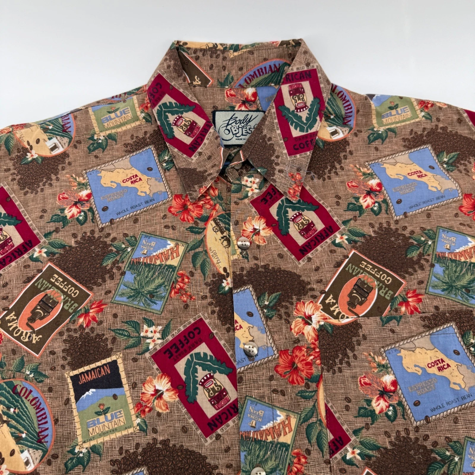 Body Objects Button Up Men XL Brown Coffee Novelty Print Cotton Short Sleeve