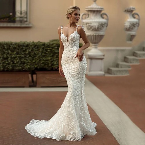 Exquisite Lace Mermaid Wedding Dresses Strap Bridal Gowns Appliqued Bride Gowns - Picture 9 of 9