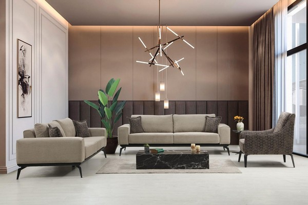 Beige Stoffsofas Komplette Garnitur Dreisitzer Polstersofas Lehnsessel-image