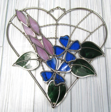 Stained Glass Sun Catcher Heart Shape Window Hanging Purple Blue Flowers 3-D G