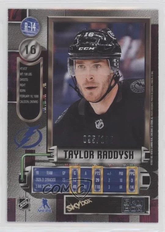 2021 Skybox Metal Universe Purple Spectrum /199 Taylor Raddysh #R-14 Rookie RC - Image 2 of 2