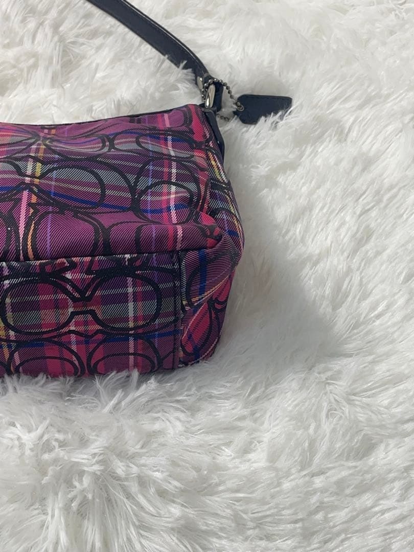 COACH Signature Women's Hand Shoulder Bag Purple Tote check pattern Purse Used thumbnail 4