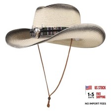 Western Straw Cowboy Cowgirl Hat for Men Women Wide Brim One Size Black-white