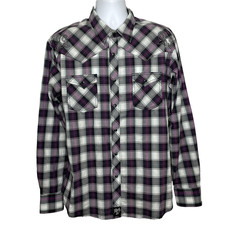 Wrangler Rock 47 Pearl Snap Western Shirt Size XL Embroidered Black Purple Plaid