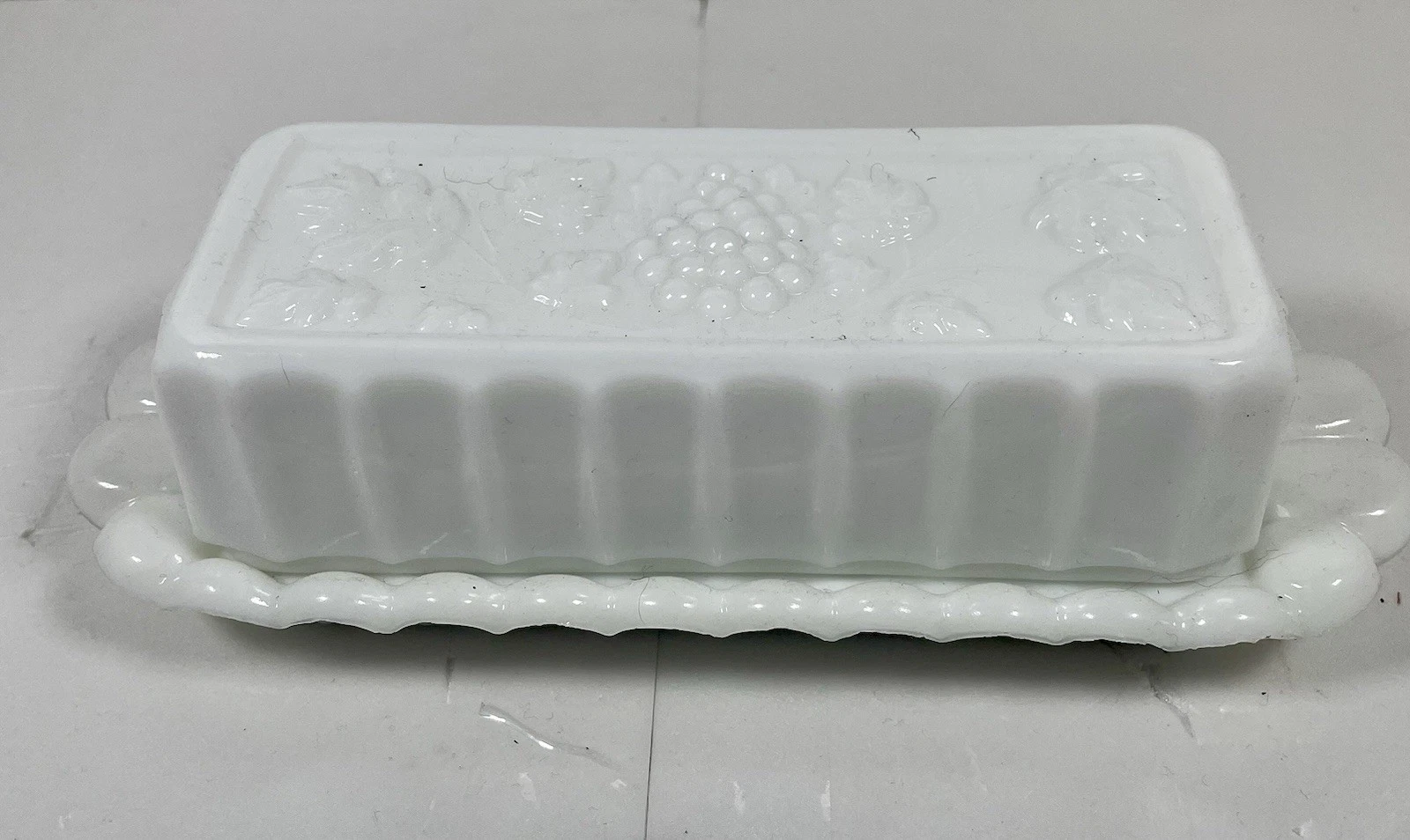 Vintage WESTMORELAND White Milk Glass Covered Butter Dish Grape Leaf Pattern