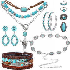 Western Jewelry Set - Boho Turquoise Dangle Earrings Necklace Faux Leather Brace