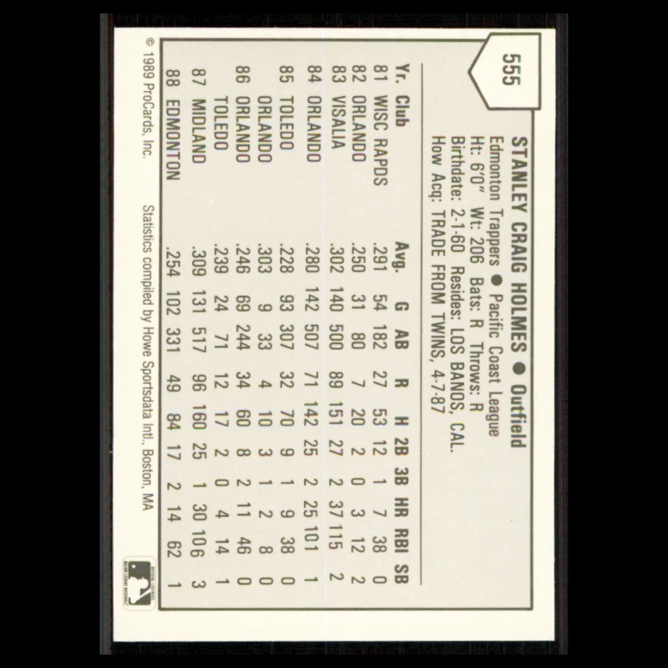 Stan Holmes #555 1989 ProCards Minor League Team Sets Edmonton Trappers Baseball - Image 2 of 3