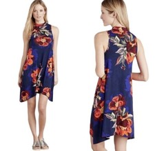 Maeve Anthropologie Navy Floral Sleeveless Mock Neck Swing Dress Size Small