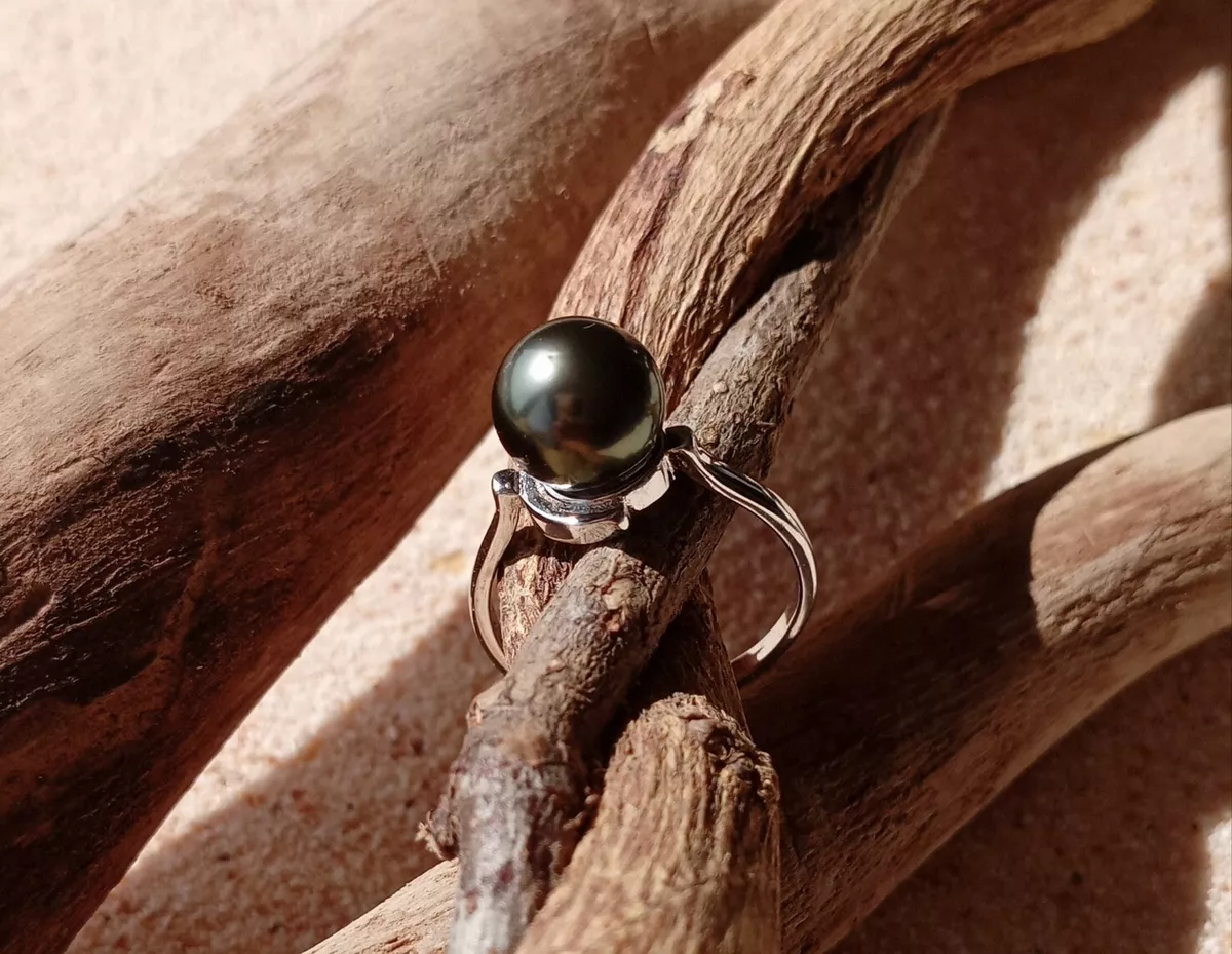 Bague perle noire de Tahiti mont e sur argent rhodi