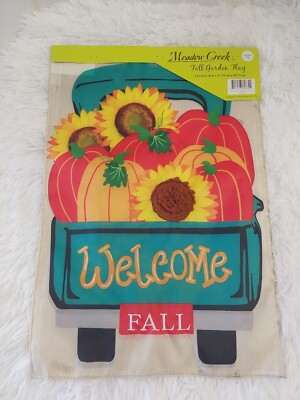 Meadow Creek Fall Garden Flag W/Blue Truck, Pumpkins, Sunflowers & Welcome Fall