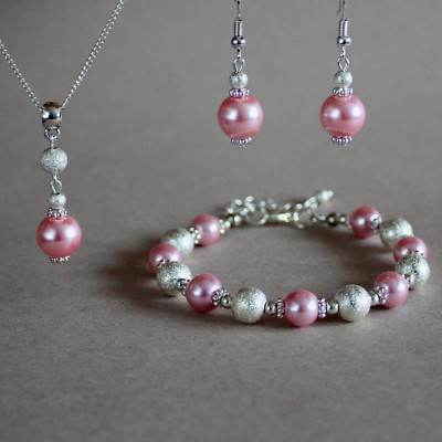 Pink pearls necklace bracelet earrings silver wedding bridesmaid jewellery  set UK