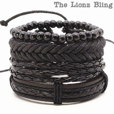 Urban Bohemian style Black motif Stacked Leather Wood Bead Bracelets