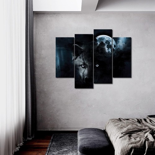 4 Panel Wall Art Black Wolf and Full Moon Painting The Picture Print On Canva... - Picture 2 of 8