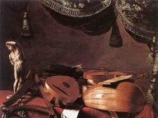 Oil evaristo baschenis - still life musical instruments and a small classical 