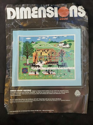 New Dimensions Crewel #1304 Amish Barn Raising Kit 1985 Charles Wysocki