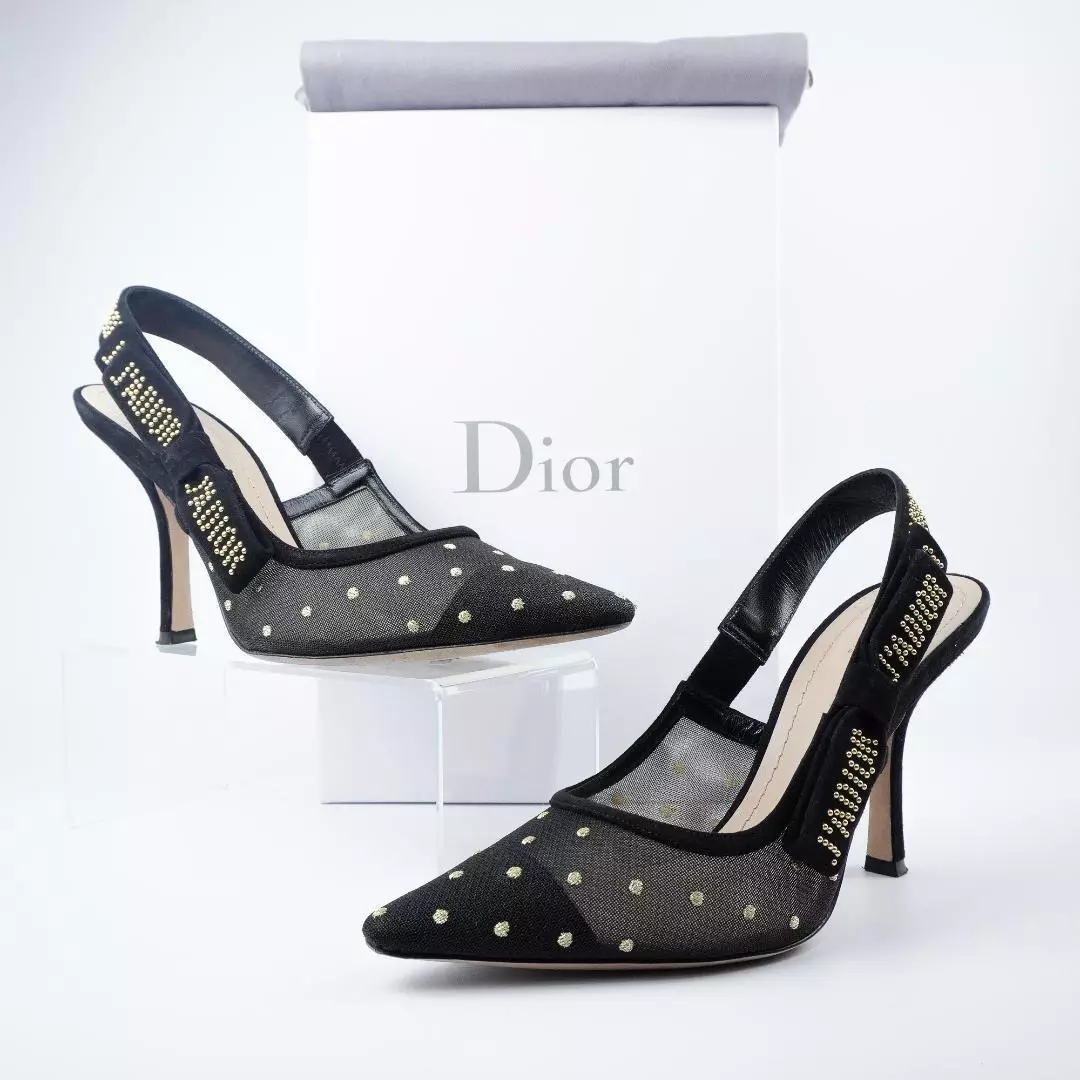Escarpins DIOR J'Adior Slingback Plumetis et clous noir/or talon 10 cm 37,5 US 7,5