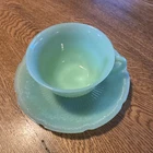 Vintage FIRE KING Oven Glass Jadeite Tea Cup W/ Ribbed Saucer
