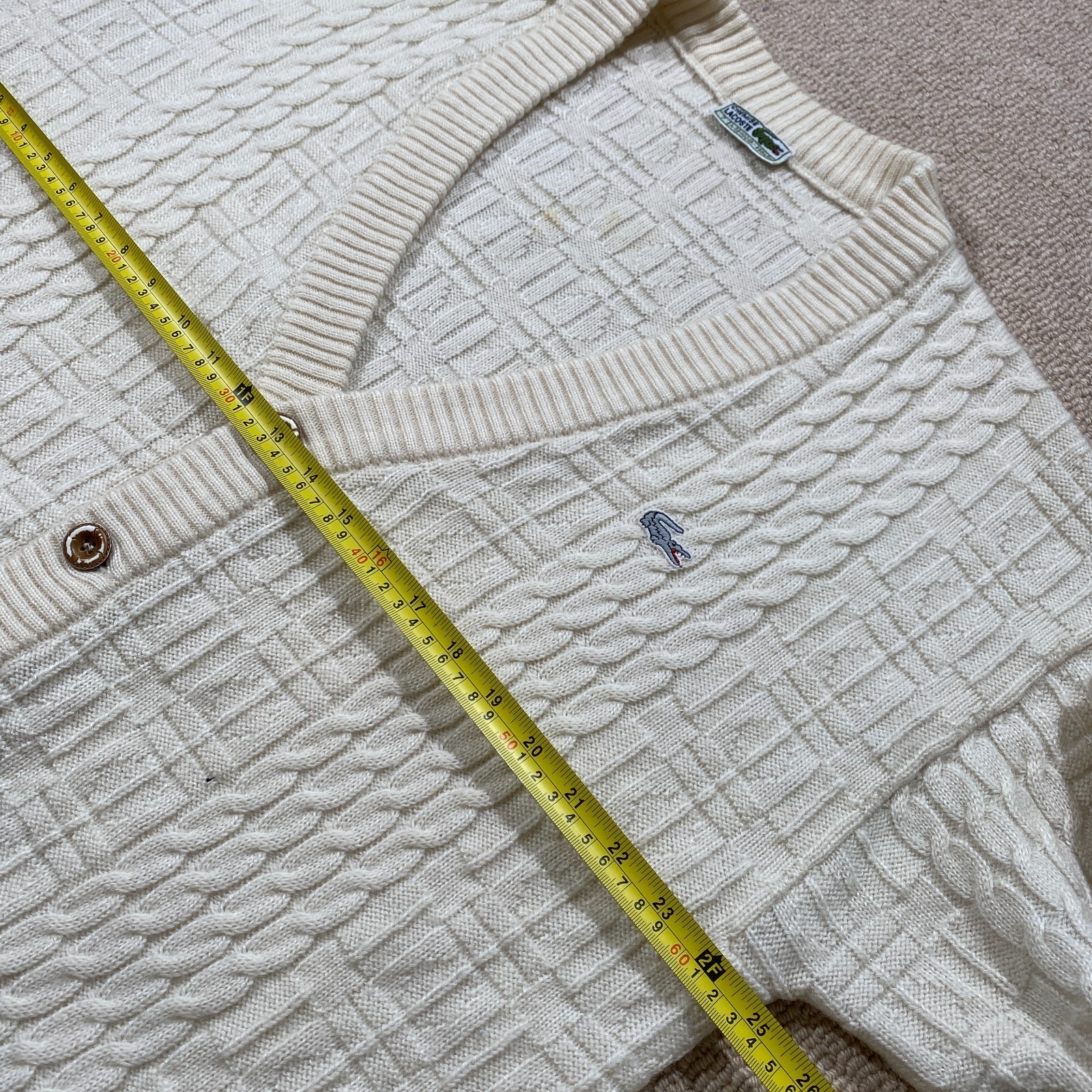 VINTAGE Chemise Lacoste Cardigan Mens Size 6 XL Cream Cable Knit Wool Sweater thumbnail 6