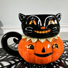 New Johanna Parker Halloween Black Cat Pumpkin Ceramic Mug