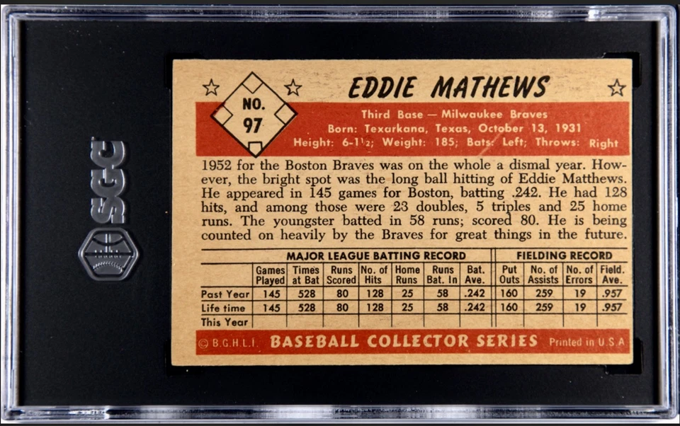 Eddie Mathews SGC 3 状况极佳 1953 年 Bowman 颜色 # 97 勇士名人堂 — 第 2/2 张图片